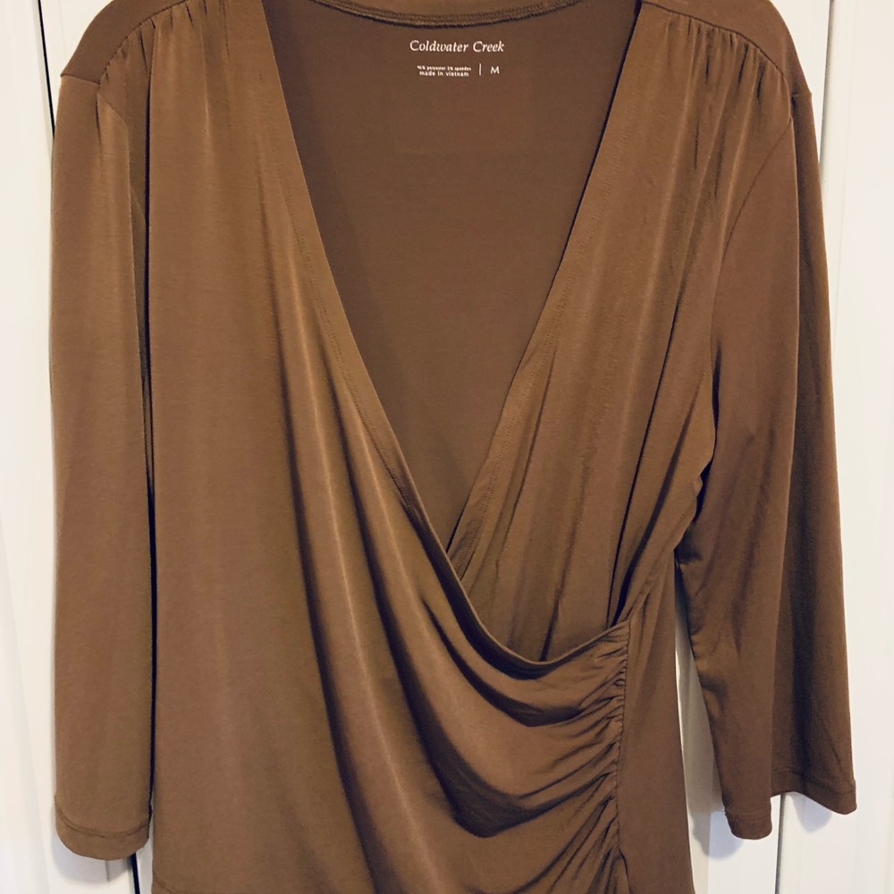 Coldwater Creek Brown Asymmetrical Ruched Blouse